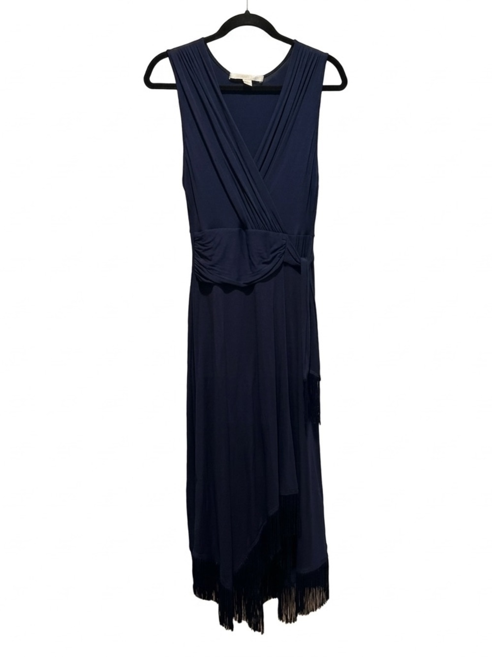Boston Proper Deep Navy Sleeveless Wrap Dress with Fringe Hem
